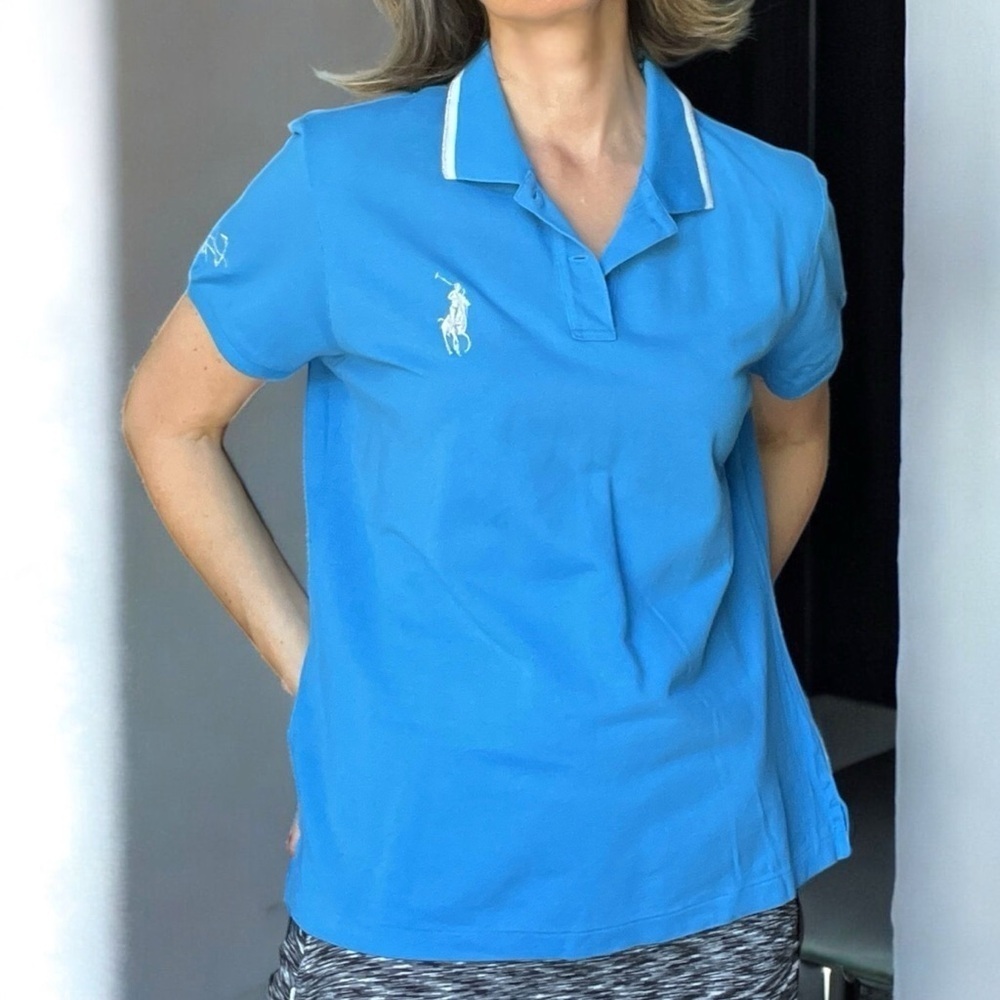 Ralph Lauren Polo Golf Shirt Big Pony Tailored Fit Cotton Mesh Blue Y2K